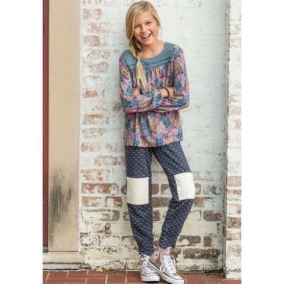 Matilda Jane Blue & White Patches & Polka Dots Cotton Joggers Girls Size 10 NWOT - Picture 2 of 7